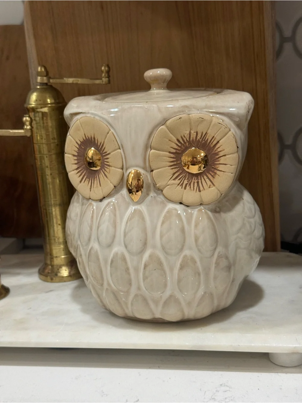 World Market Ceramic Owl Cookie Jar, Light Brown/ Cream with Gold